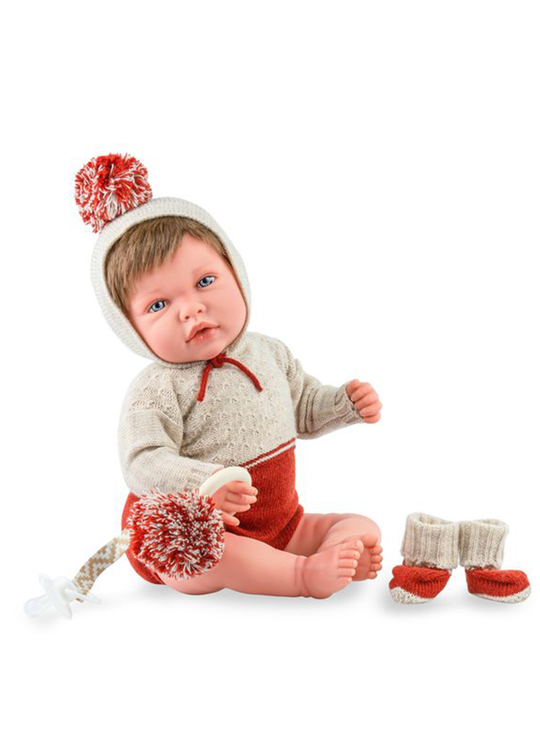 Papusa Newborn Luka Vintage Baietel Saten Cu Salopeta Bej Cu Rosu 3036 Marina & Pau