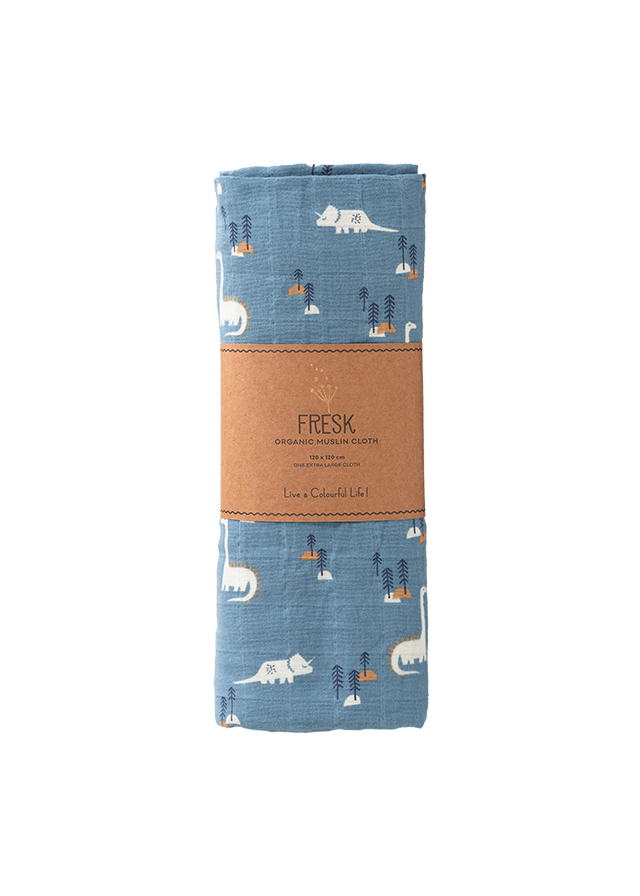 Muslin Organic Cotton Blanket Blue Dinosaurs F110-10 Fresk