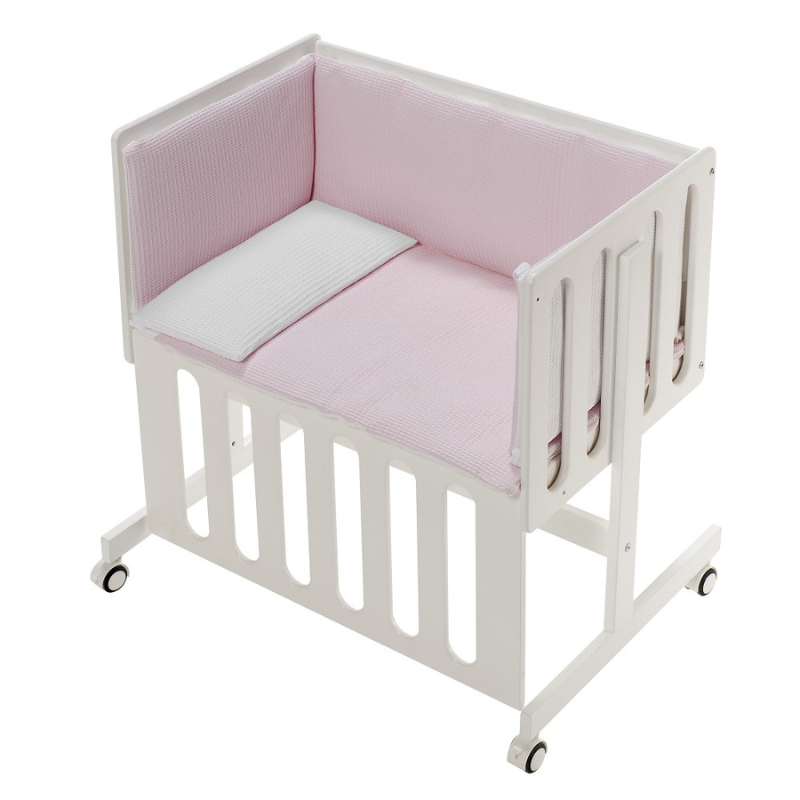 Patut Co-Sleeping Minana Lemn Fag Alb & Set Pilota & Lenjerie Roz & Saltea DCM014-02