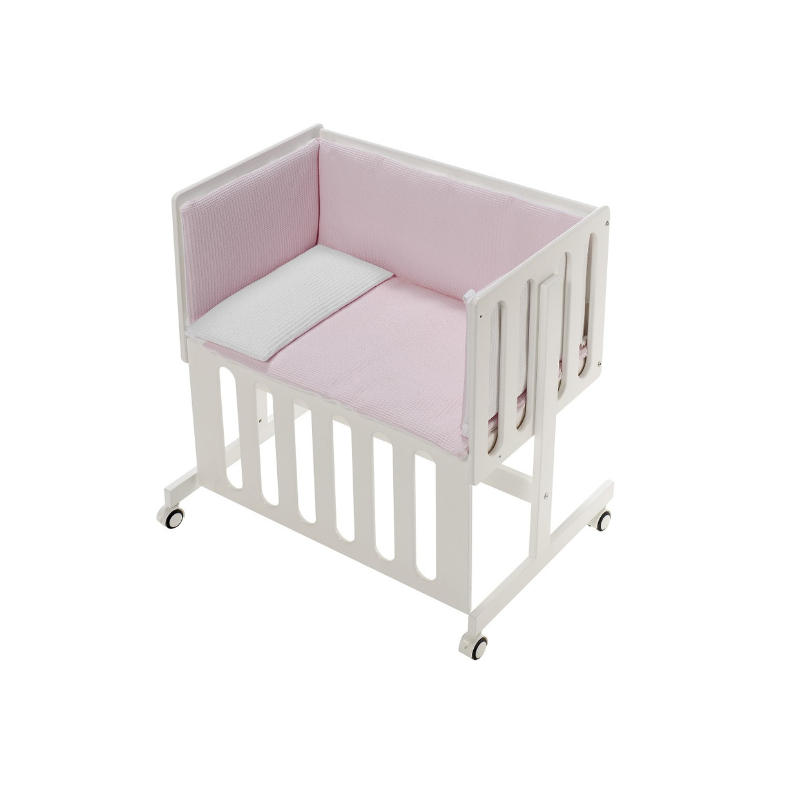 Patut Co-Sleeping Minana Lemn Fag Alb & Set Pilota & Lenjerie Roz & Saltea DCM014-02