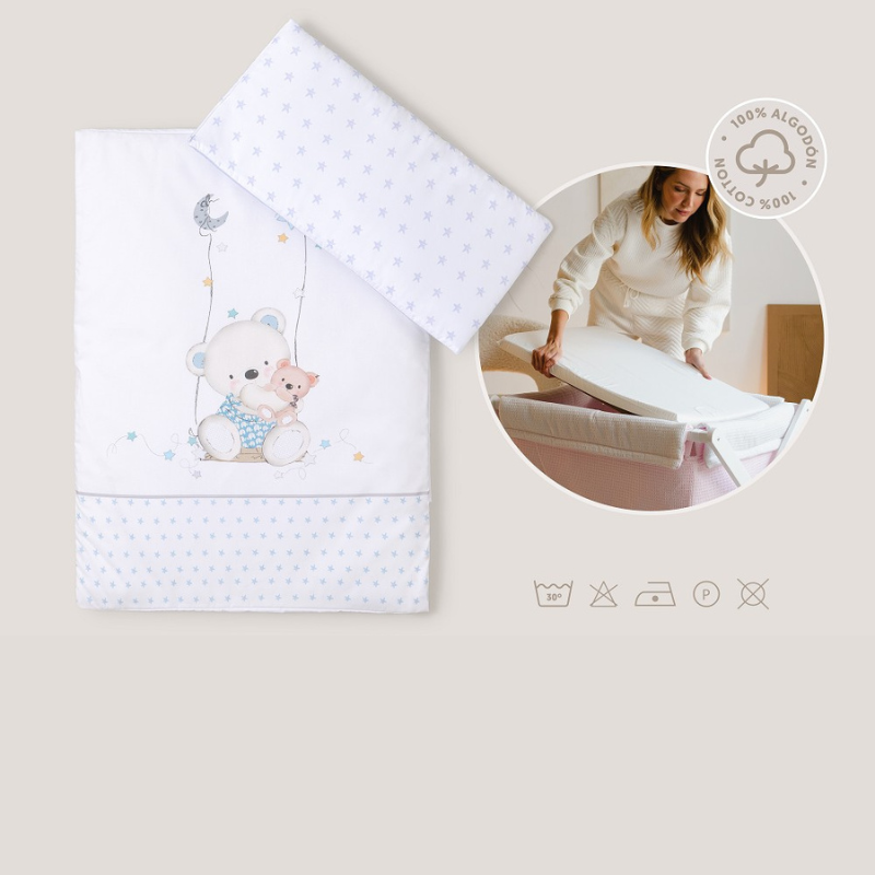 Patut Co-Sleeping Textil & Saltea & Set Pilota & Lenjerie Bleu Imprimeu Ursulet 91242-01