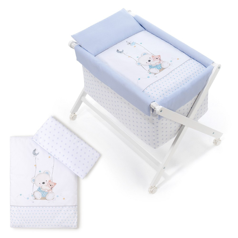 Patut Co-Sleeping Textil & Saltea & Set Pilota & Lenjerie Bleu Imprimeu Ursulet 91242-01