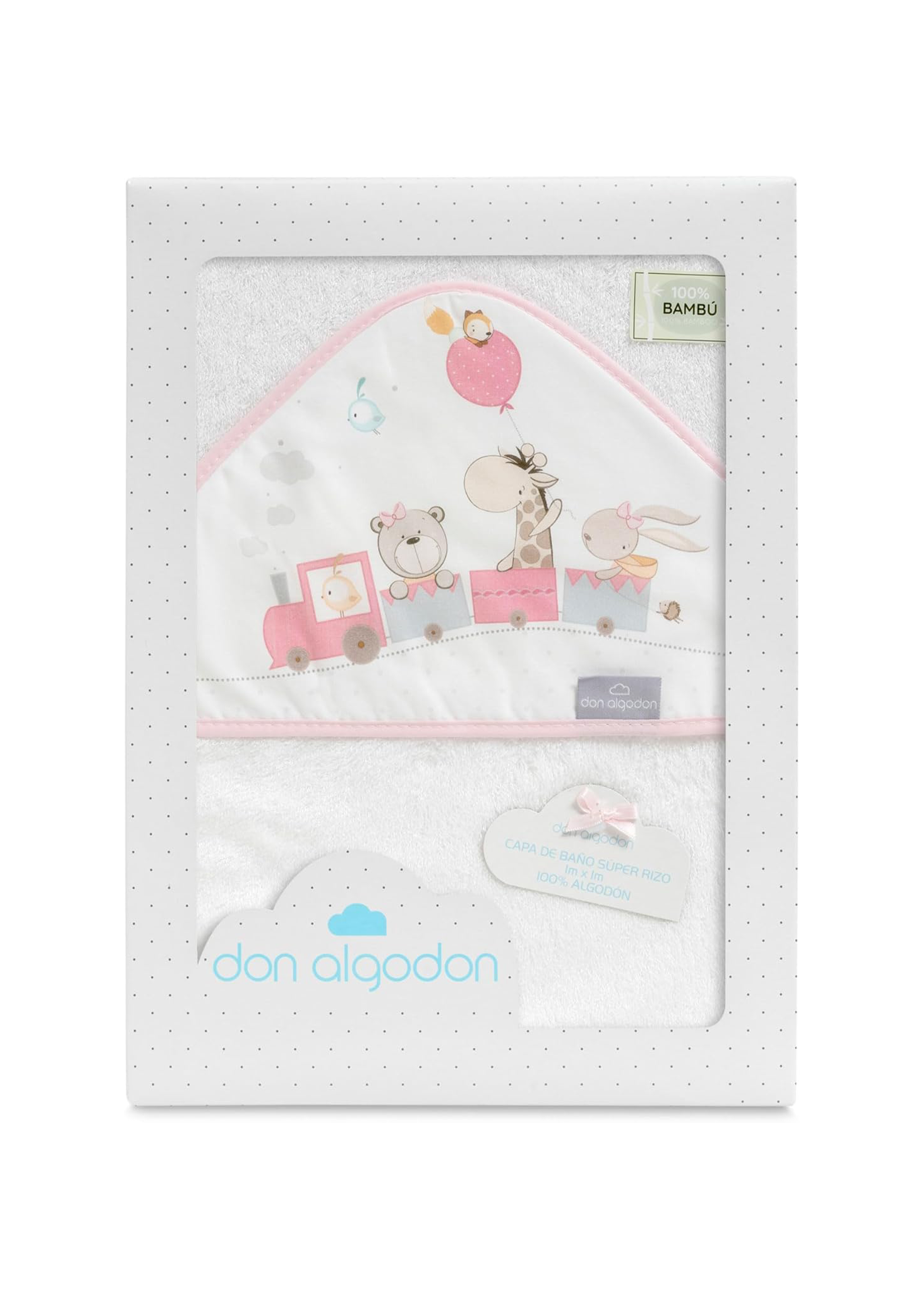 Prosop Cu Capison 100x100 Cm Si Bavetica Alb-Roz Cu Trenul Girafelor D1228-12 Don Algodon 1