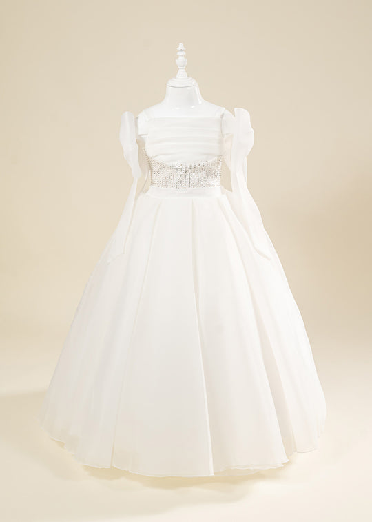 Elegant Long White Organza Ceremony Dress with Sequins at the Waist and Bows at the Straps 3-11 Years 2259 Kanilla