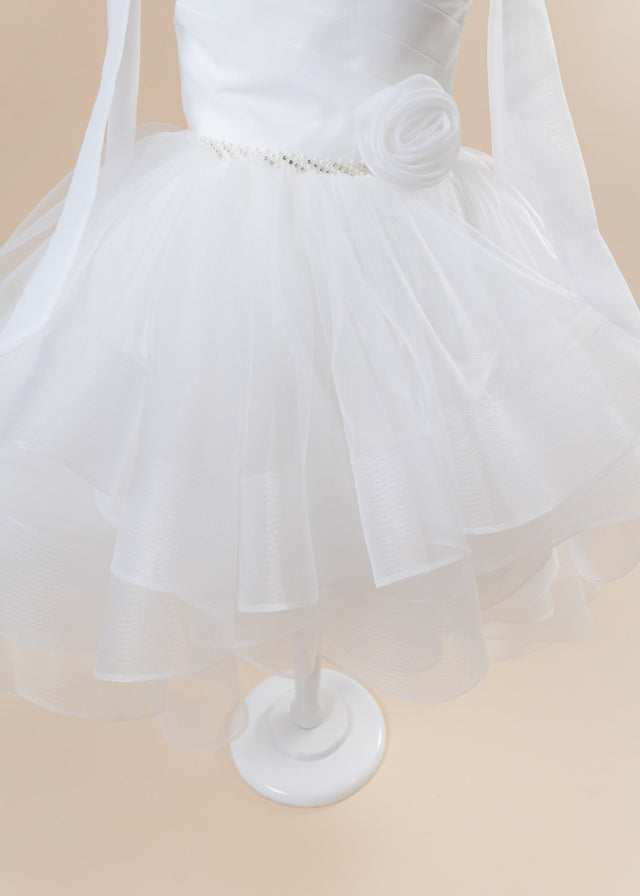 Ivory Ceremony Dress, Organza Bust, Straps with Bows and Skirt with Train art 3010 Mon Princess