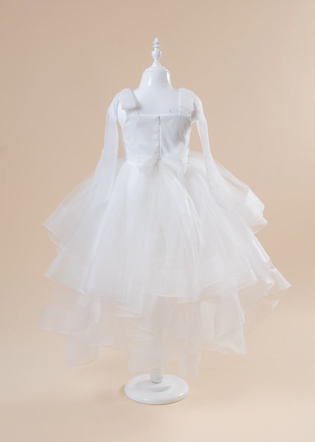 Ivory Ceremony Dress, Organza Bust, Straps with Bows and Skirt with Train art 3010 Mon Princess
