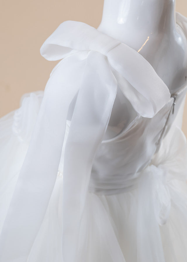 Ivory Ceremony Dress, Organza Bust, Bow Straps and Train Skirt 3010 Mon Princess
