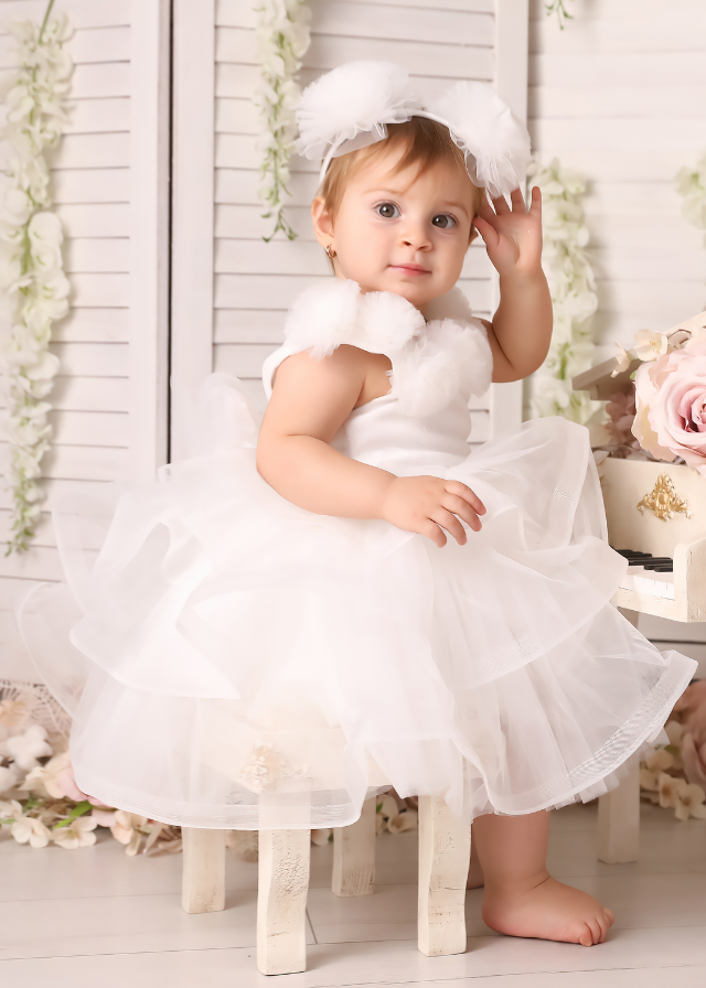 Ceremony Dress, Ivory with Ruffles and Tulle Tassels on Bust 2726 Mon Princess