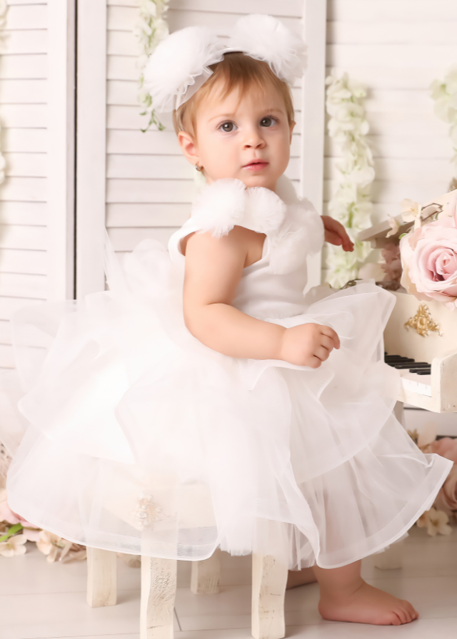 Ceremony Dress, Ivory with Ruffles and Tulle Tassels on Bust 2726 Mon Princess