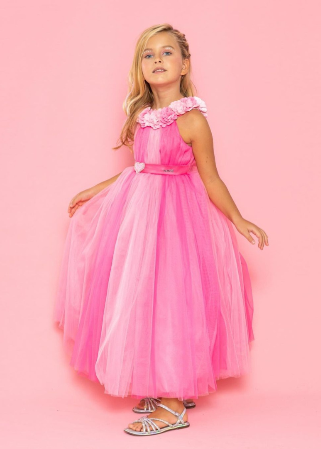 Церемонічна сукня, довга рожева тюль з аплікацією квітів і сердечком на талії 2934 Mon Princess