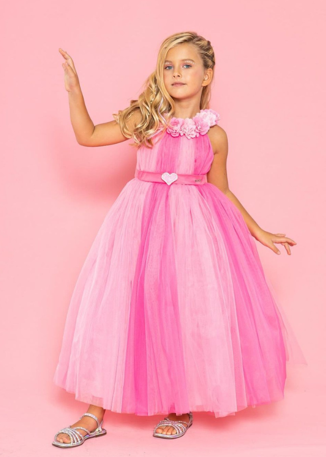 Ceremony Dress, Long Pink Tulle with Appliqued Flowers and Heart at Waist 2934 Mon Princess