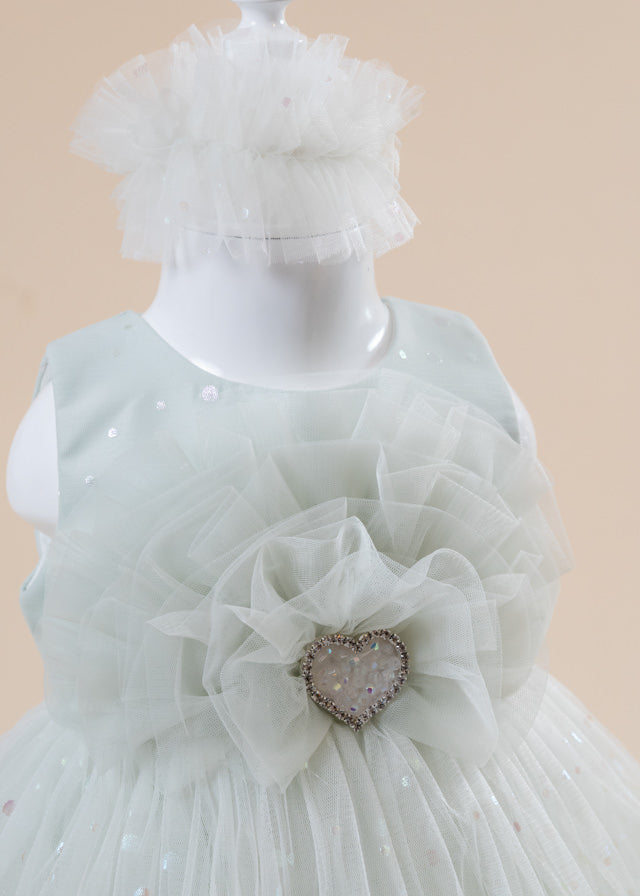 Ceremony Dress in Green Tulle with Ruffled Pics on Bust and Heart 2998 Mon Princess