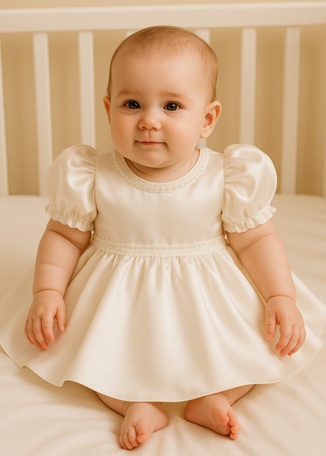 Elegant Cream Satin Dress with Puff Sleeves AnneBebe