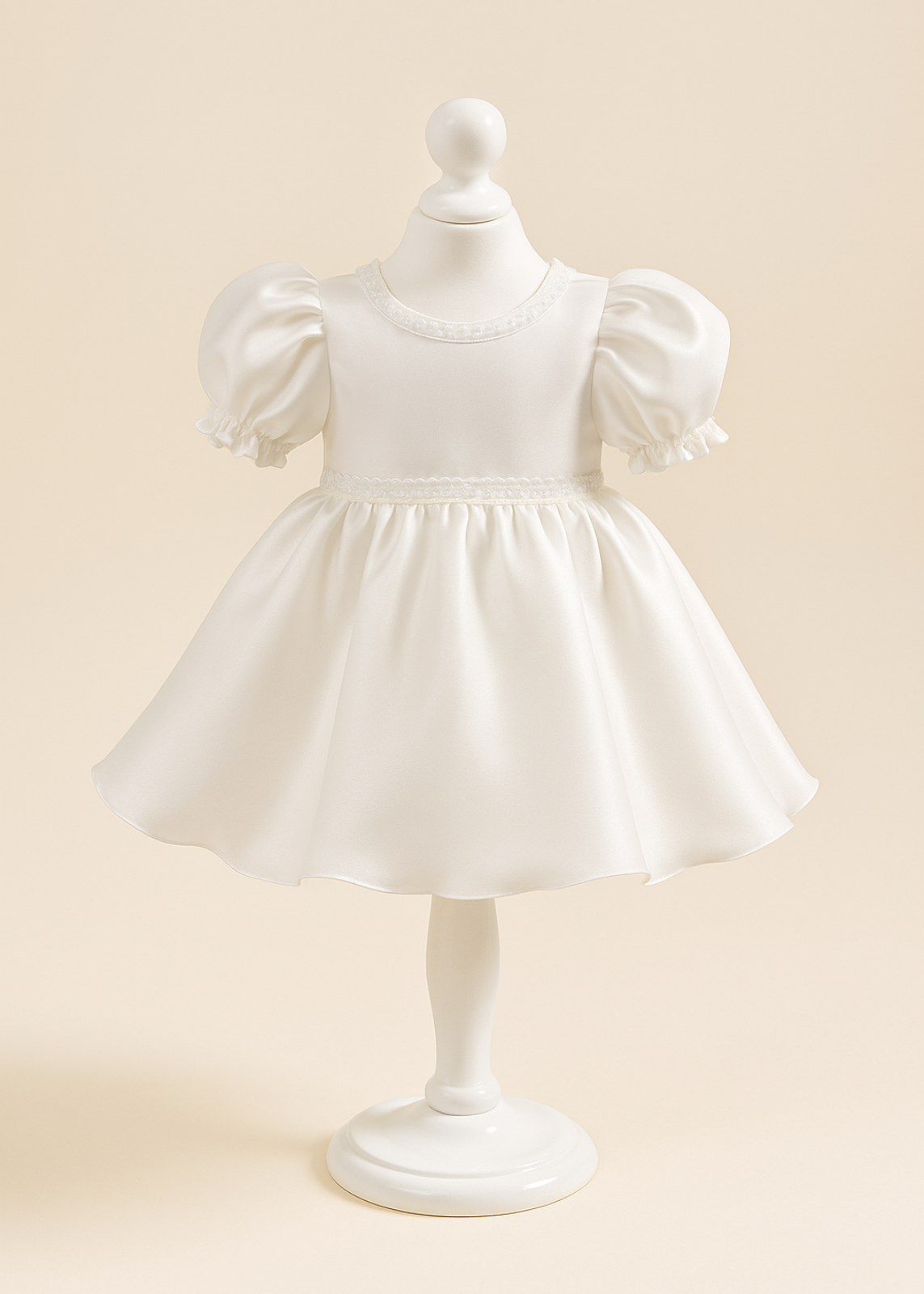 Elegant Cream Satin Dress with Puff Sleeves AnneBebe