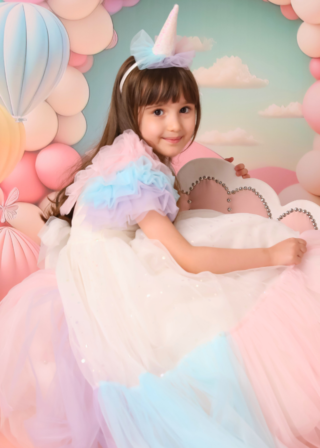 Prom Dress, Powder Pink Long Sequin Bust, Tulle Skirt with Multicolored Ruffles 2986 Mon Princess