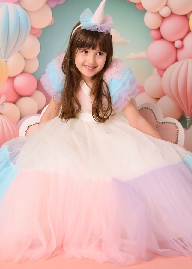 Prom Dress, Powder Pink Long Sequin Bust, Tulle Skirt with Multicolored Ruffles 2986 Mon Princess
