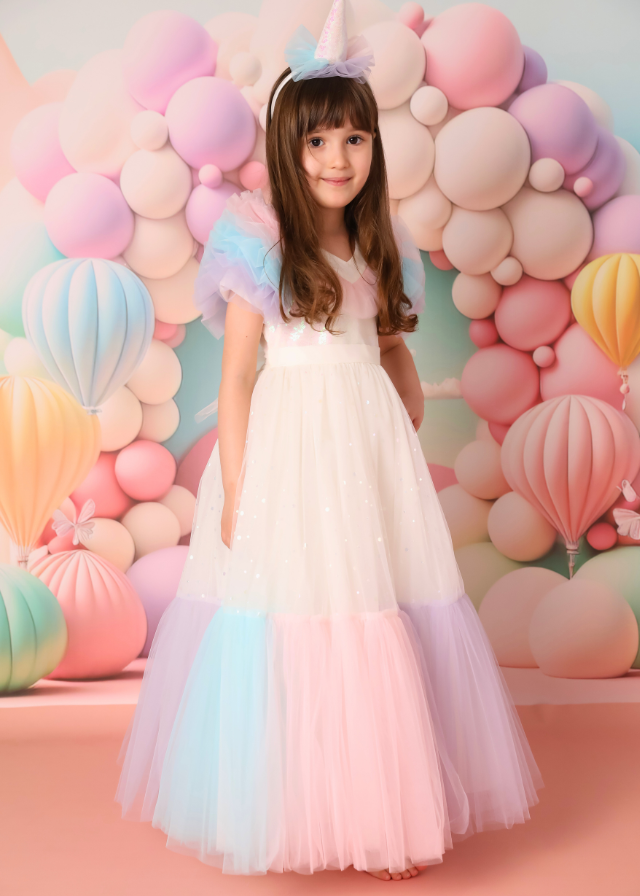 Unicorn Party Dress, Powder Pink Long Sequin Bust, Tulle Skirt with Multicolored Ruffles 2986 Mon Princess