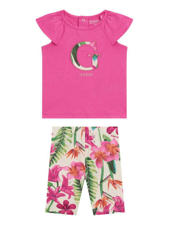 Set 2 Piese Tricou Fuchsia si Colanti cu Imprimeu Tropical A5GG11 K6YW4 G6V7 Guess