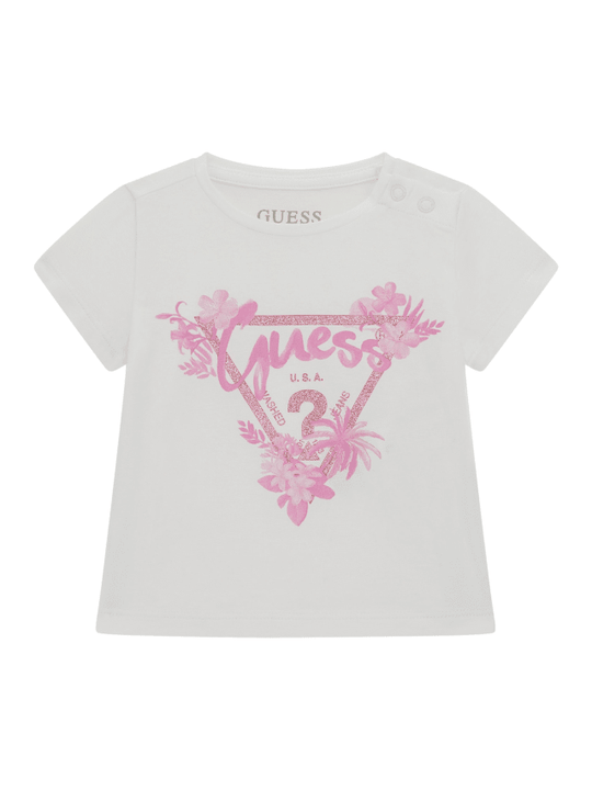 White Short Sleeve T-Shirt with Pink Floral Logo Print A5GI03 K6YW4 G011 Guess