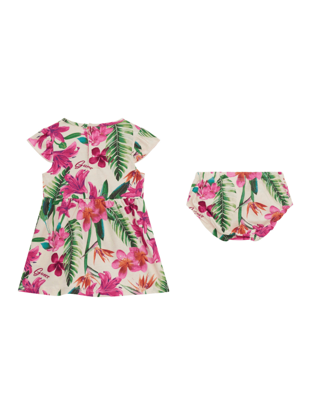Rochie cu Maneca Scurta cu Imprimeu Tropical Flori Ciclamen si Chilotei A5GK08 K6YW4 P49Z Guess