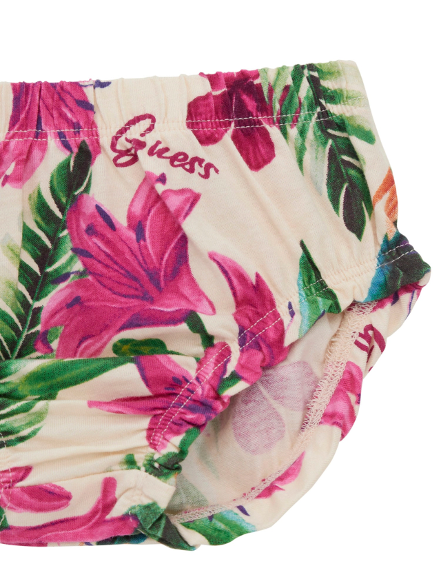 Rochie cu Maneca Scurta cu Imprimeu Tropical Flori Ciclamen si Chilotei A5GK08 K6YW4 P49Z Guess