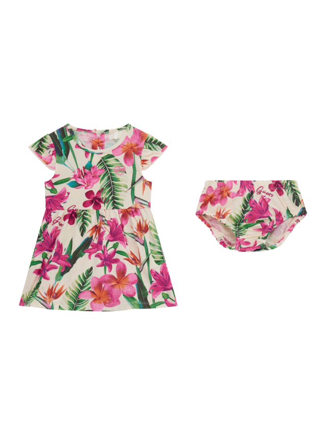 Rochie cu Maneca Scurta cu Imprimeu Tropical Flori Ciclamen si Chilotei A5GK08 K6YW4 P49Z Guess