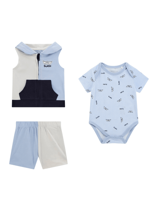 Set 3 Piese Bleu cu Bleumarin Vesta Pantaloni Scurti si Body cu Maneca Scurta cu Barcute P5GG03 K6YW1 F7HF Guess