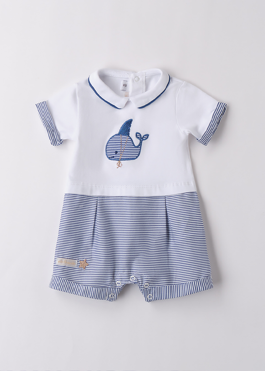 Salopeta Scurta Alba Cu Dungi Albastre Cu Balena 3B688.00 Minibanda