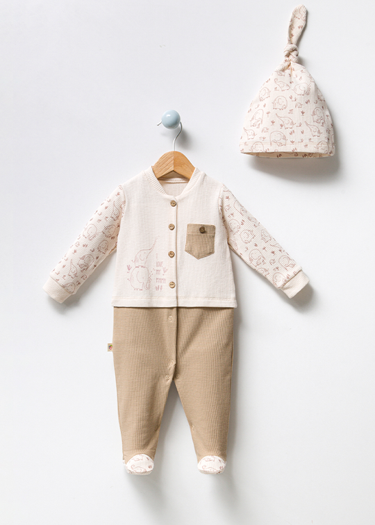 Salopeta Lunga Baieti Crem Cu Bej Din Bumbac Organic Cu Elefanti Si Fes 3041 Bubbles