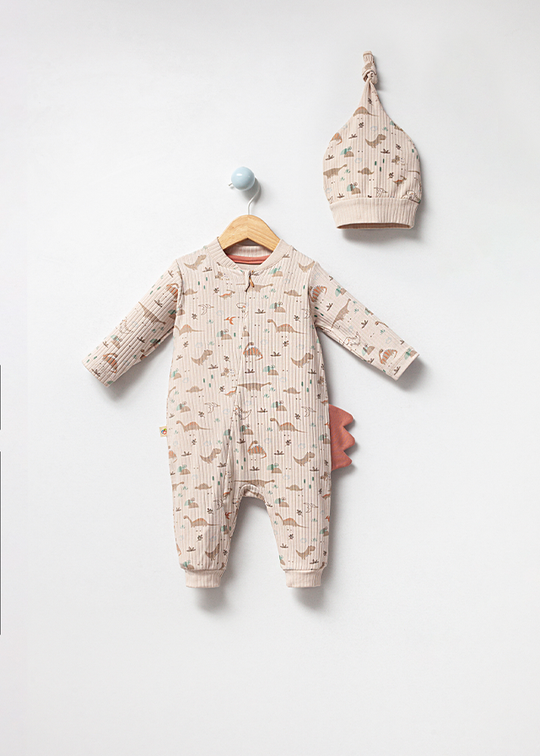 Boys' Cream Organic Cotton Jumpsuit with Dinosaurs, Zipper Closure and Frill 3001 Bubbles