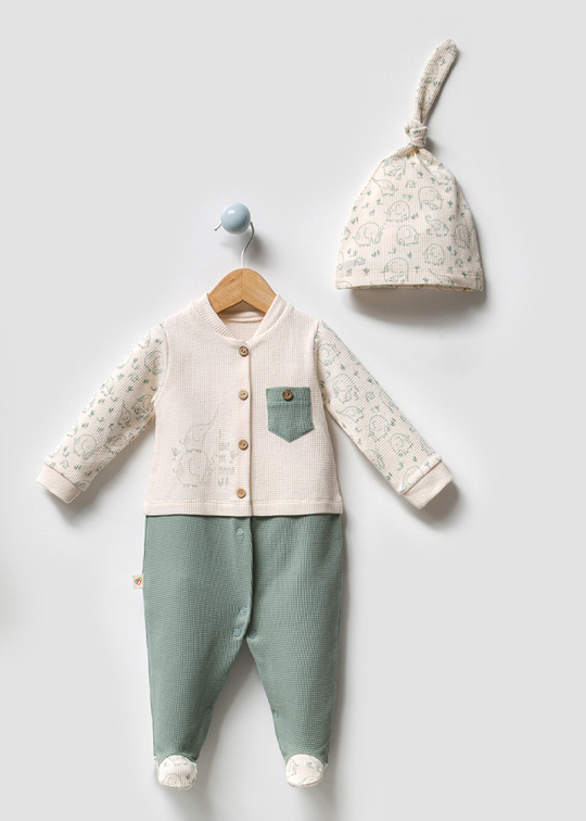 Salopeta Lunga Casual Baieti Crem Cu Verde Din Bumbac Organic Cu Elefanti Si Fes 3041 Bubbles