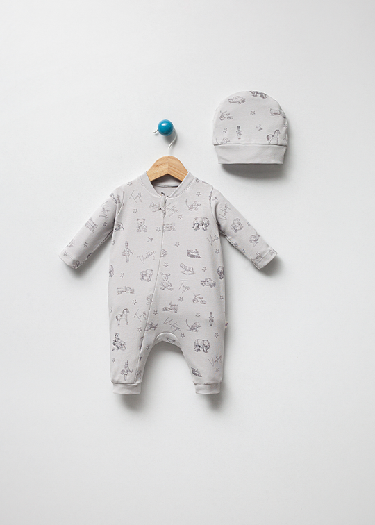 Salopeta Lunga Casual Baieti Gri Din Bumbac Organic Cu Fermoar Cu Jucarii Vintage Si Fes 3060 Bubbles