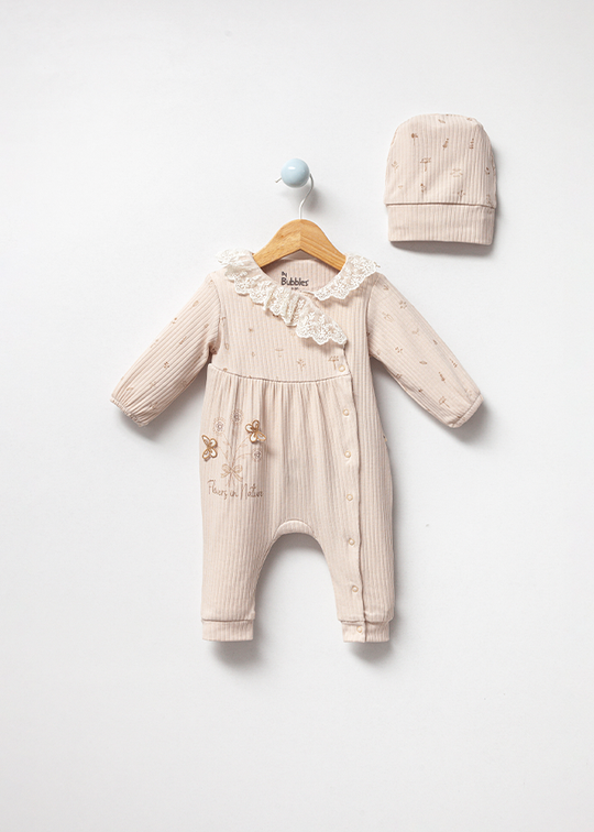 Girls' Beige Organic Cotton Casual Jumpsuit with Lace Collar and Frill 3020 Bubbles