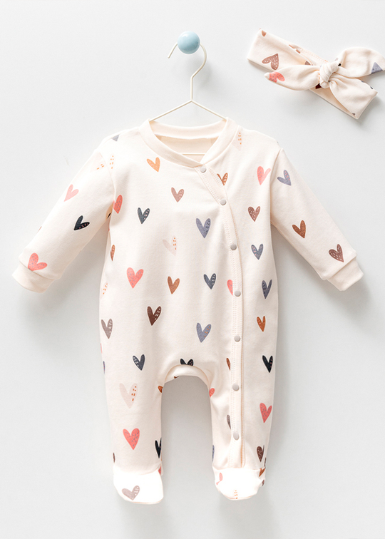 Girls' Cream Organic Cotton Casual Long Jumpsuit with Hearts and Headband 1001 Bubbles