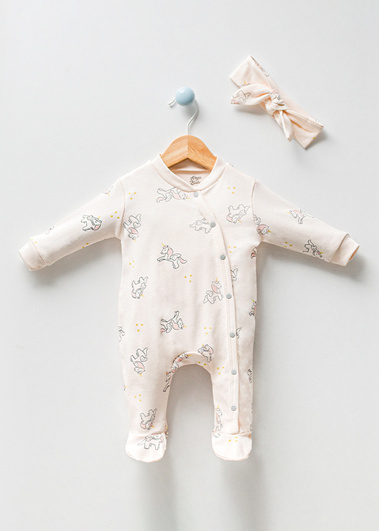 Girls' Ivory Organic Cotton Casual Jumpsuit with Unicorns and Headband 1011 Bubbles