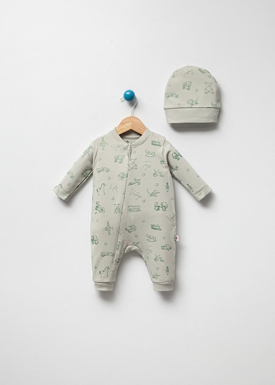 Salopeta Lunga Casul Baieti Verde Din Bumbac Organic Cu Fermoar Cu Jucarii Vintage Si Fes 3060 Bubbles