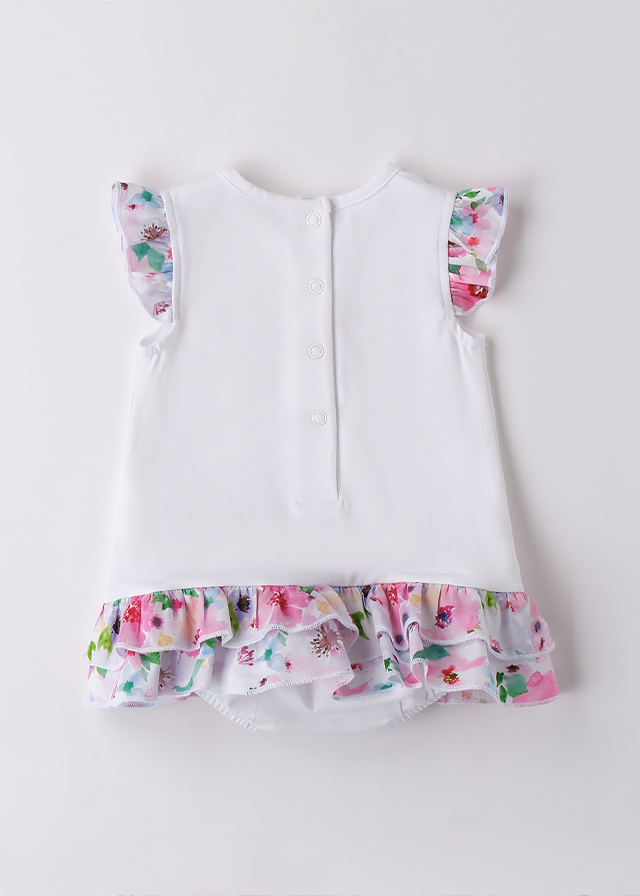 Salopeta Scurta Alba Cu Volane Cu Flori Roz 3B785.00 Minibanda