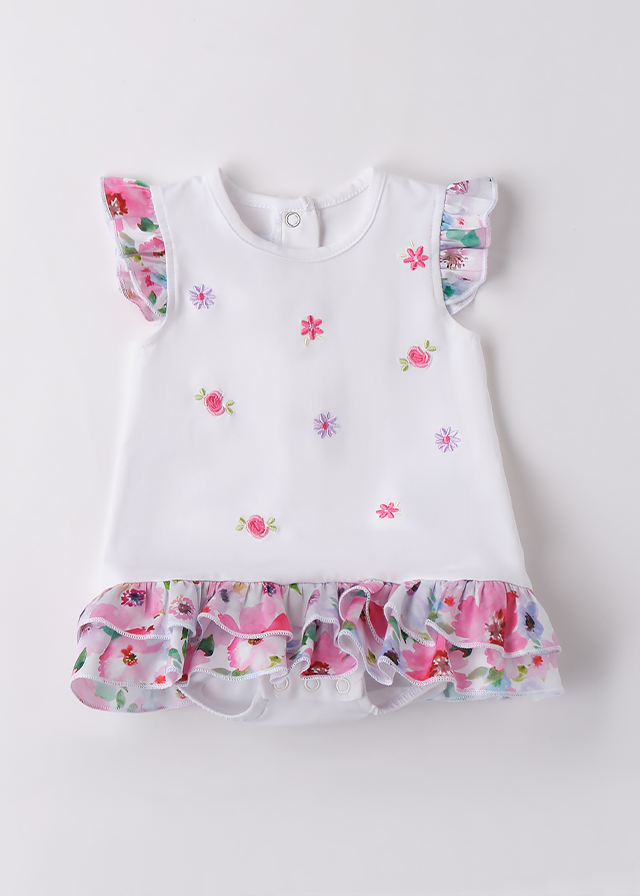 Salopeta Scurta Alba Cu Volane Cu Flori Roz 3B785.00 Minibanda