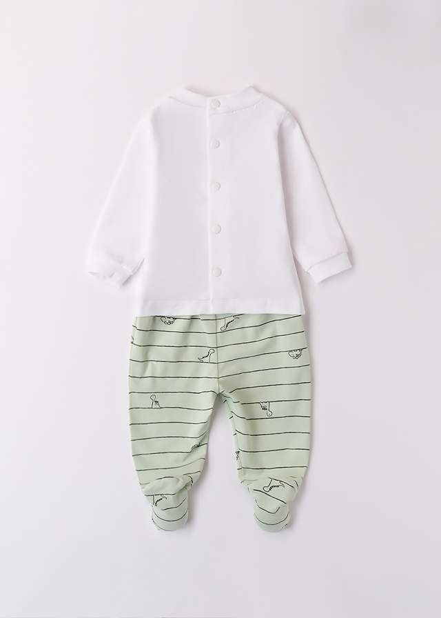 Set 2 Piese Pijama Bluza Alba Cu Maneca Lunga Cu Dinozauri Si Pantaloni Lungi Verzi 4B002.00 iDO