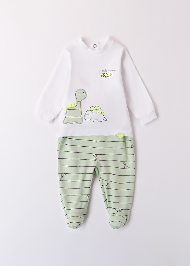 Set 2 Piese Pijama Bluza Alba Cu Maneca Lunga Cu Dinozauri Si Pantaloni Lungi Verzi 4B002.00 iDO