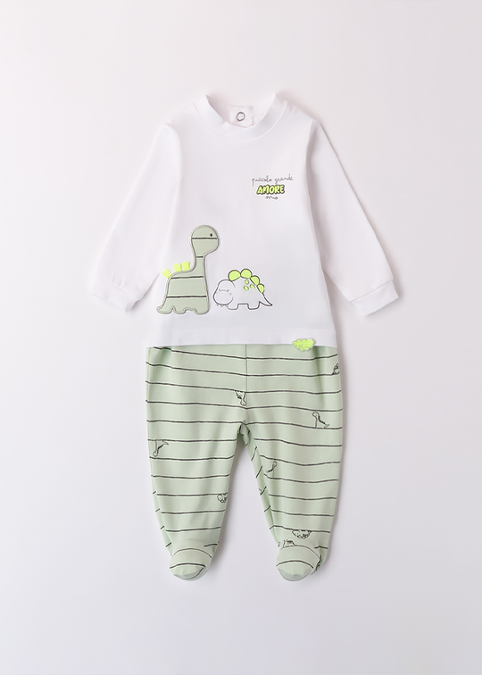 2 Piece Pajama Set White Long Sleeve Blouse With Dinosaurs And Green Long Pants 4B002.00 iDO
