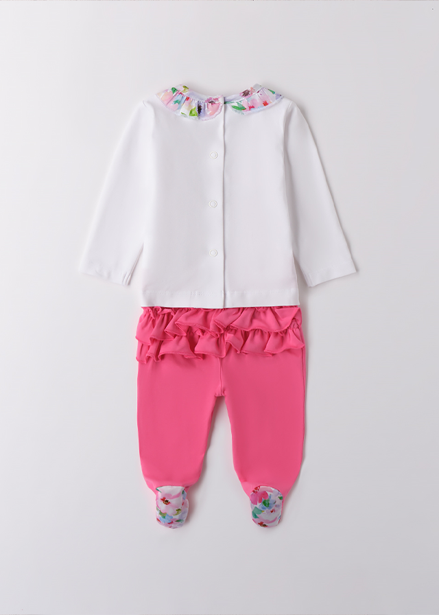 Set 2 Piese Pijama Bluza Alba Cu Maneca Lunga Cu Flori Si Pantaloni Lungi Frez 3B771.00 Minibanda