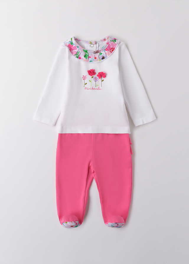 Set 2 Piese Pijama Bluza Alba Cu Maneca Lunga Cu Flori Si Pantaloni Lungi Frez 3B771.00 Minibanda