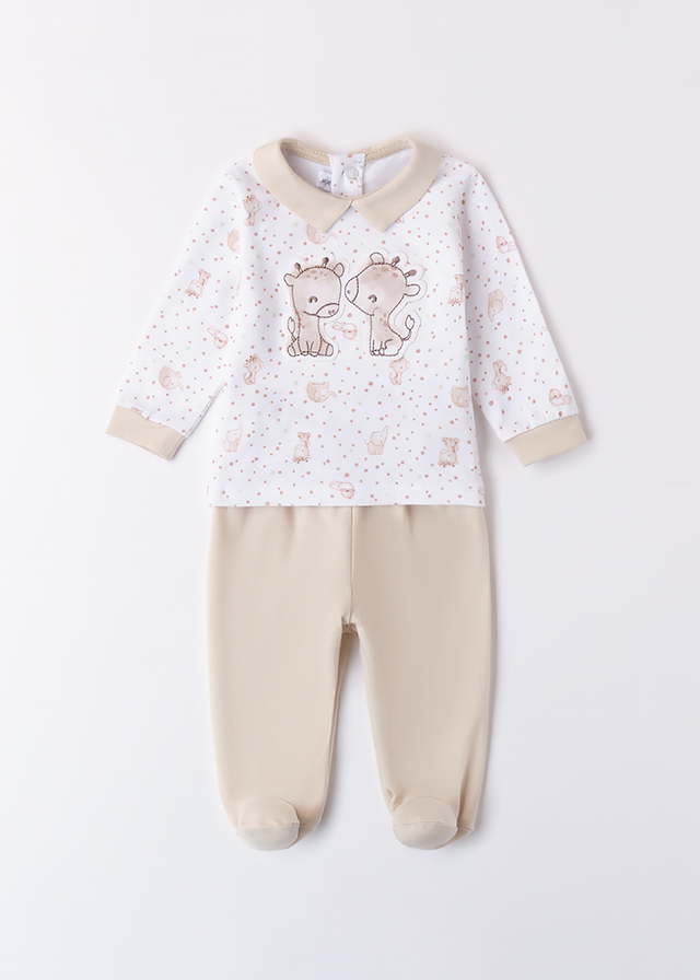 Set 2 Piese Pijama Bluza Si Pantaloni Alb Si Bej Cu Girafe 3B671.00 Minibanda