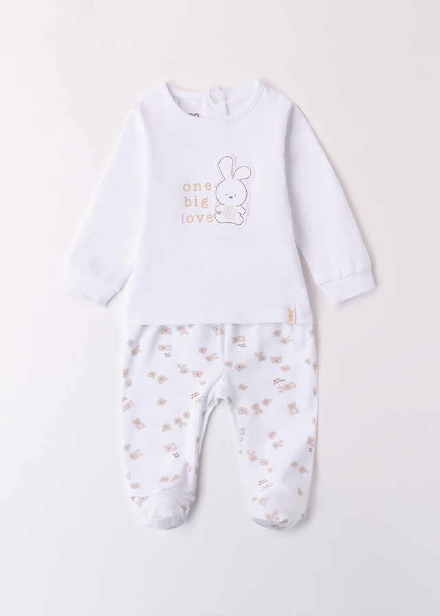 Set 2 Piese Pijama Bluza Si Pantaloni Albi Cu Iepuri Bej 4B070.00 iDO