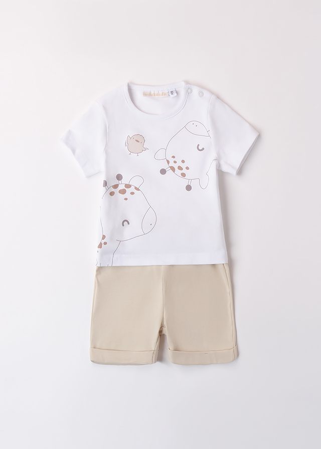 Set 2 Piese Tricou Alb Cu Girafe Si Pantaloni Scurti Bej 3B689.00 Minibanda