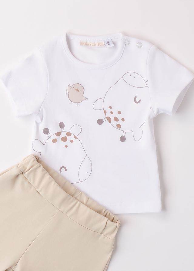 Set 2 Piese Tricou Alb Cu Girafe Si Pantaloni Scurti Bej 3B689.00 Minibanda