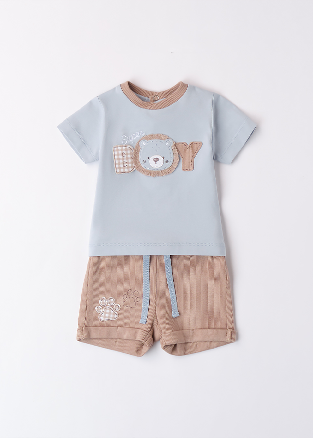 Set 2 Piese Tricou Bleu Cu Leu Si Pantaloni Scurti Bej 4B013.00 iDO