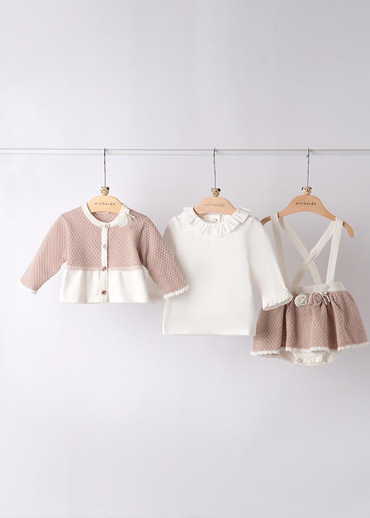 Set of 3 Pieces Beige Knitted Sarafan and Cardigan and Cream Long Sleeve Blouse 3B748.00 Minibanda