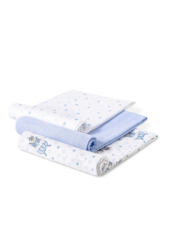 Set of 3 Muslin Diapers White-Blue With Paratrooper 80x80 Cm 98971-01 Don Algodon